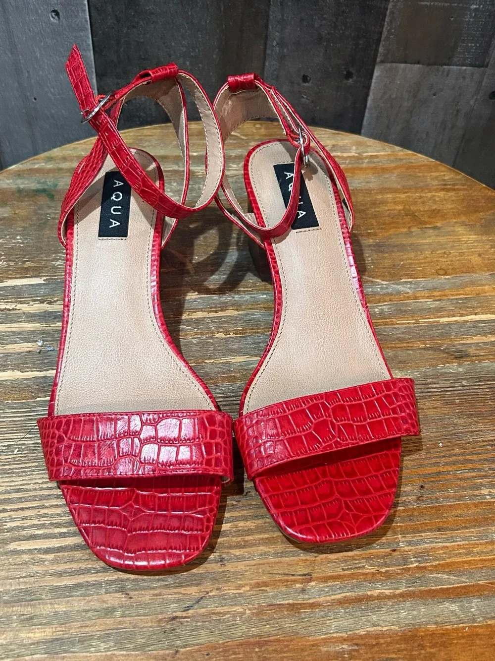 Aqua Red Croc-Embossed Block Heel Sandals with Ankle Strap